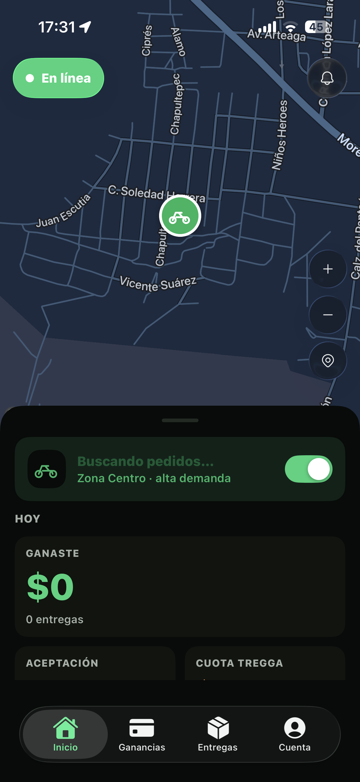 App de repartidor Tregga — buscando pedidos